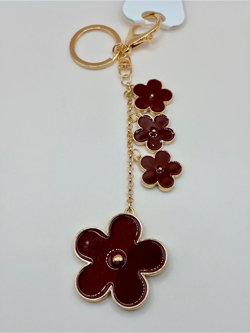 Luxe Gold-Tone Keychain with Burgundy Flower Charms